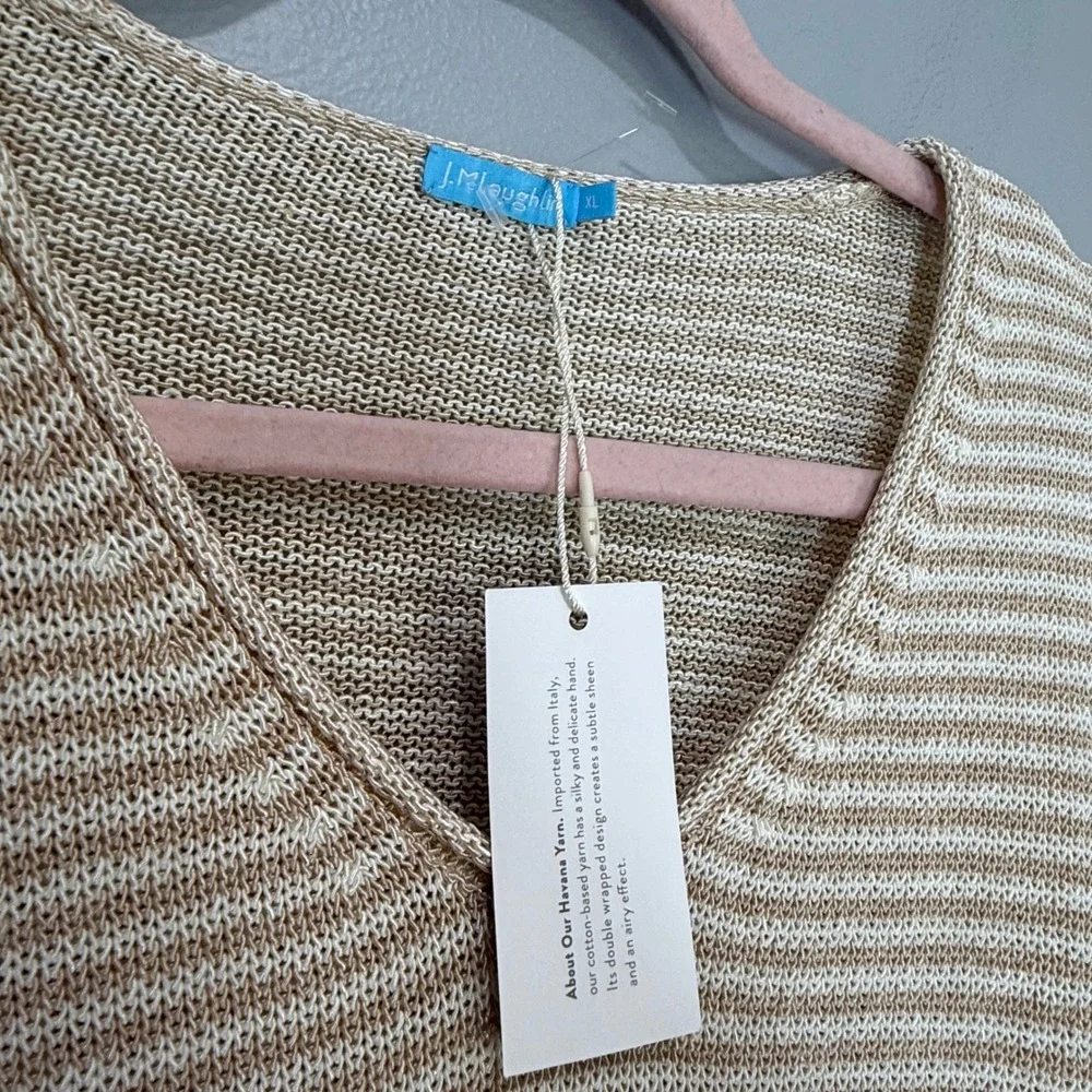 J. McLaughlin Havana‎ Yarn Striped V-Neck Sweater Tan White XL NWT